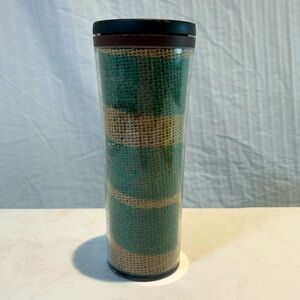 STARBUCKS 2010 Burlap Travel Tumbler Mug Cup 16 oz Hot Cold Screw on Lid